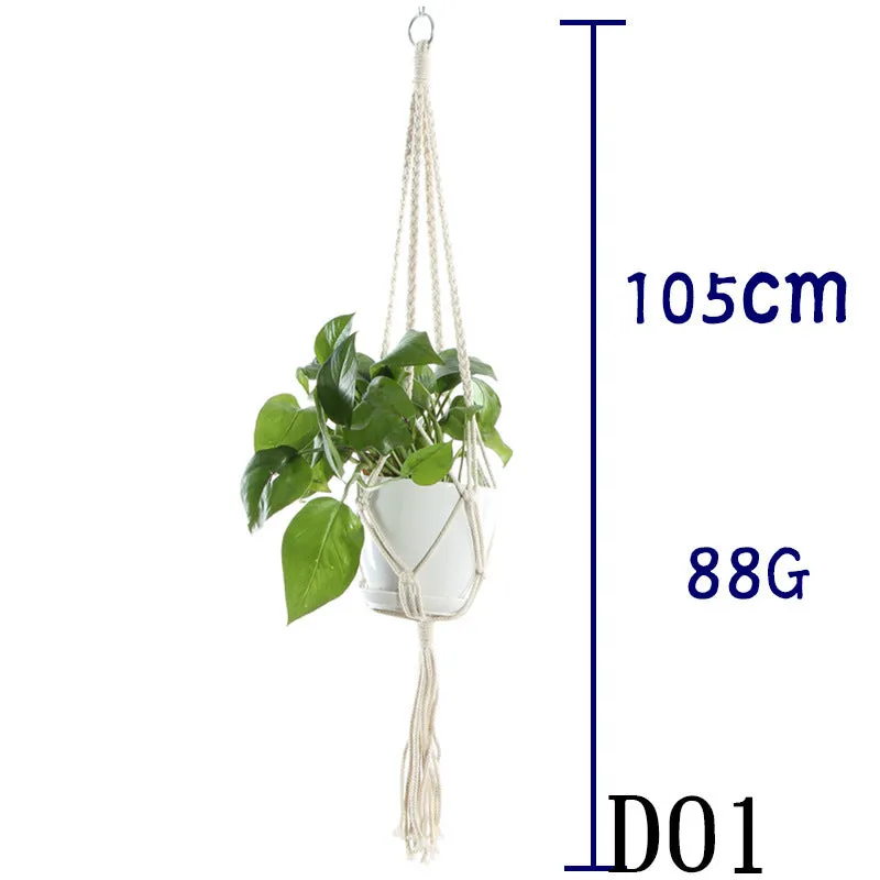 Beige cotton rope flower pot net bag handmade plant hanger hanging basket sling with adjustable bottom