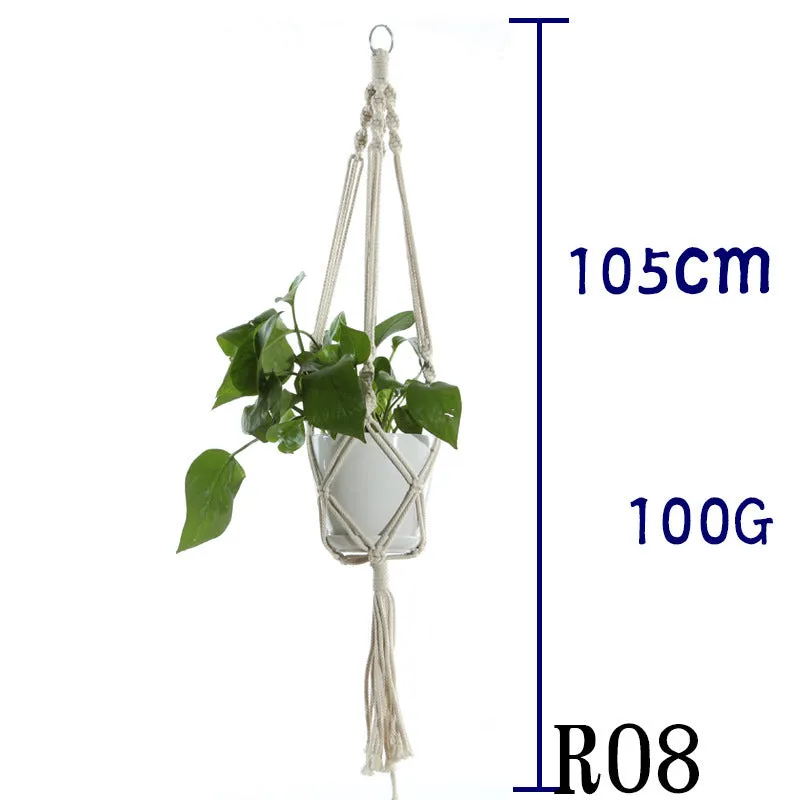 Beige cotton rope flower pot net bag handmade plant hanger hanging basket sling with adjustable bottom