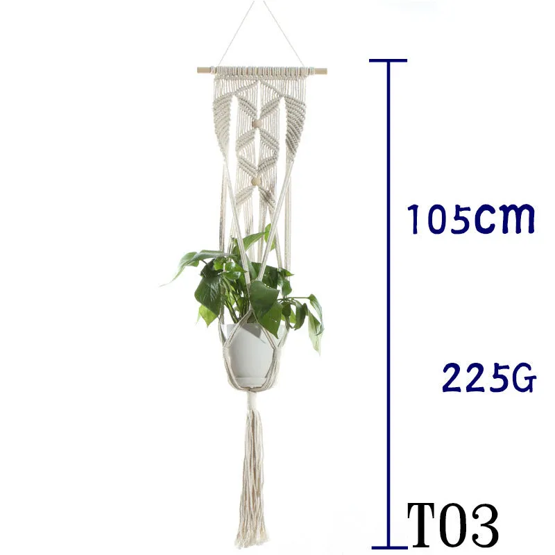 Beige cotton rope flower pot net bag handmade plant hanger hanging basket sling with adjustable bottom