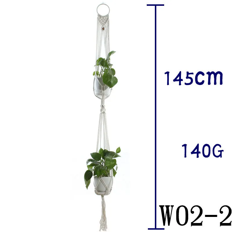 Beige cotton rope flower pot net bag handmade plant hanger hanging basket sling with adjustable bottom