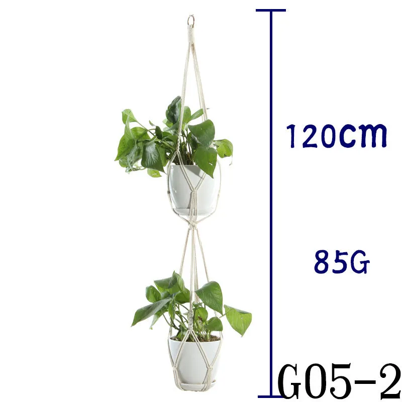 Beige cotton rope flower pot net bag handmade plant hanger hanging basket sling with adjustable bottom