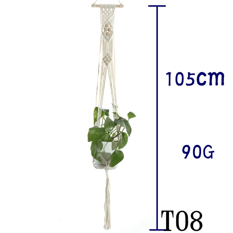 Beige cotton rope flower pot net bag handmade plant hanger hanging basket sling with adjustable bottom