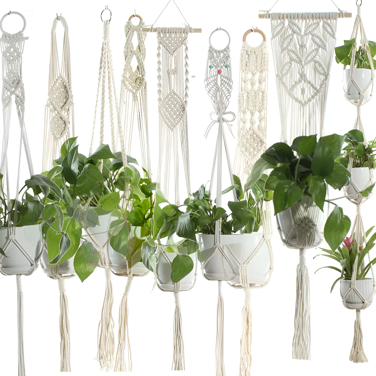Beige cotton rope flower pot net bag handmade plant hanger hanging basket sling with adjustable bottom