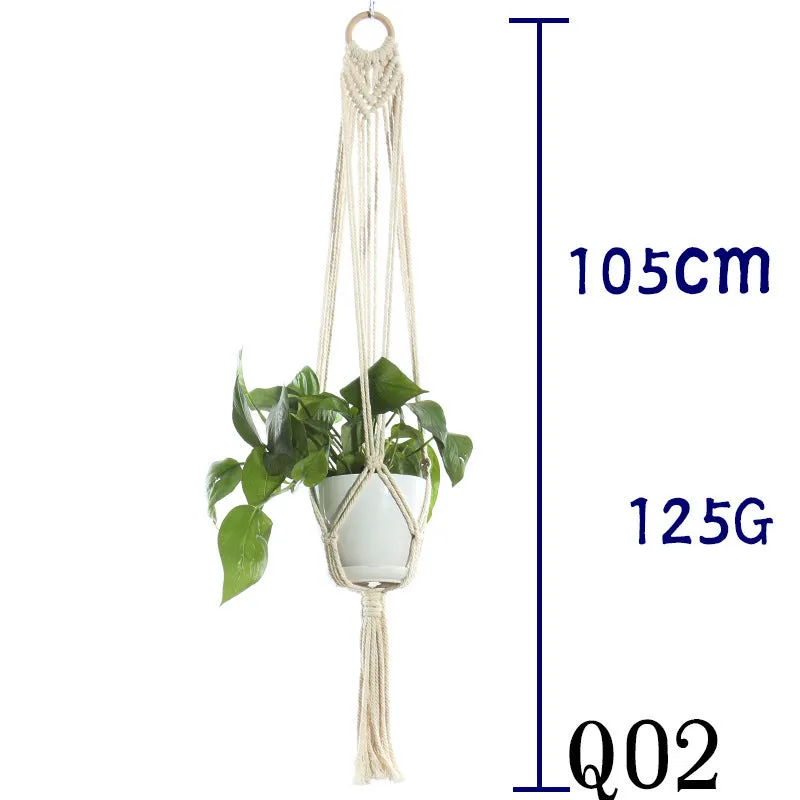 Beige cotton rope flower pot net bag handmade plant hanger hanging basket sling with adjustable bottom