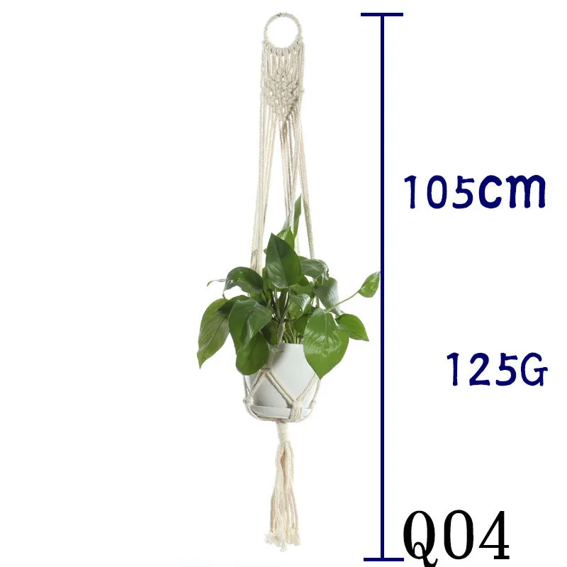 Beige cotton rope flower pot net bag handmade plant hanger hanging basket sling with adjustable bottom