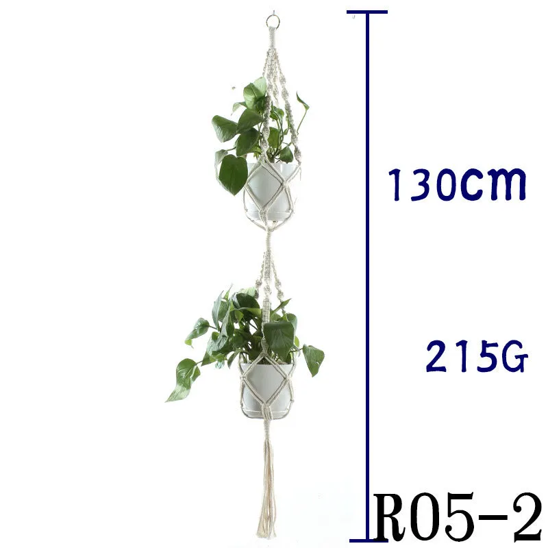 Beige cotton rope flower pot net bag handmade plant hanger hanging basket sling with adjustable bottom