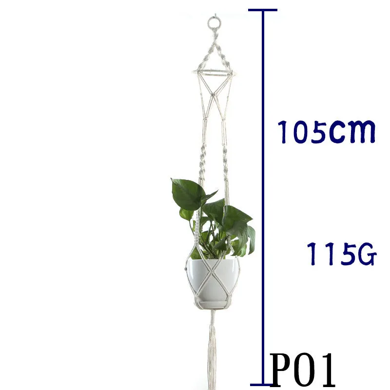 Beige cotton rope flower pot net bag handmade plant hanger hanging basket sling with adjustable bottom