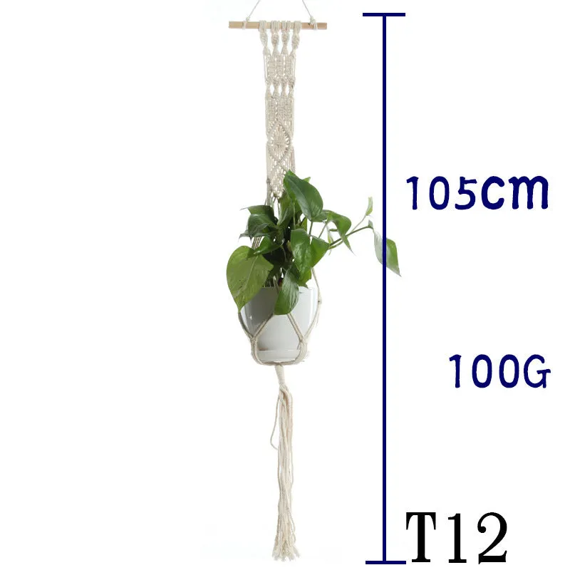 Beige cotton rope flower pot net bag handmade plant hanger hanging basket sling with adjustable bottom