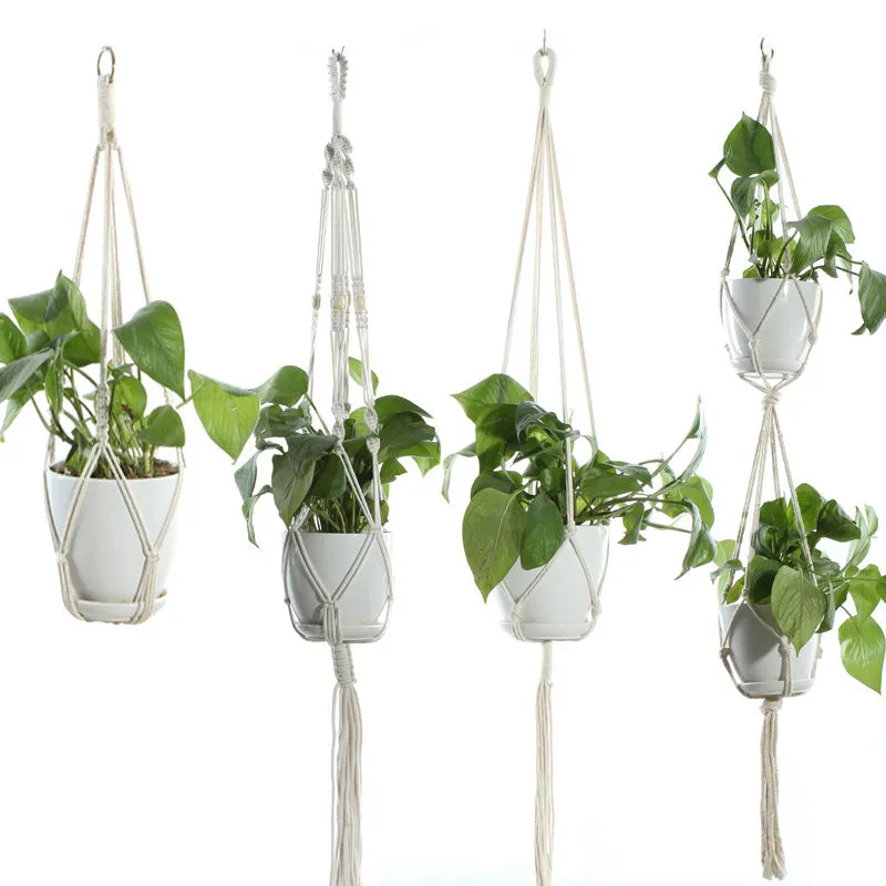Beige cotton rope flower pot net bag handmade plant hanger hanging basket sling with adjustable bottom