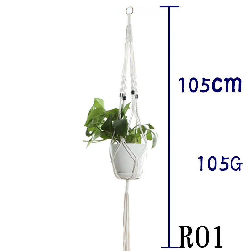 Beige cotton rope flower pot net bag handmade plant hanger hanging basket sling with adjustable bottom