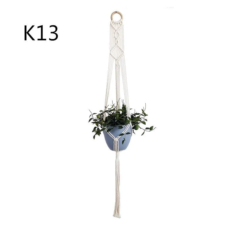 Beige cotton rope flower pot net bag handmade plant hanger hanging basket sling with adjustable bottom