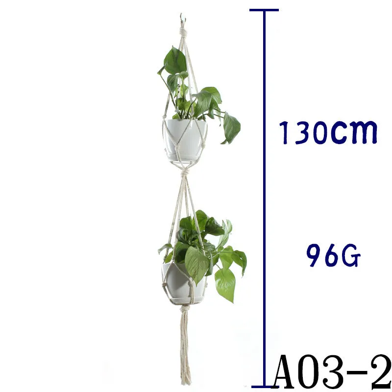 Beige cotton rope flower pot net bag handmade plant hanger hanging basket sling with adjustable bottom