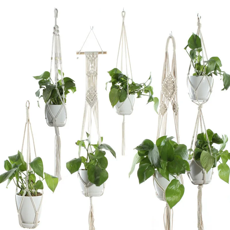Beige cotton rope flower pot net bag handmade plant hanger hanging basket sling with adjustable bottom