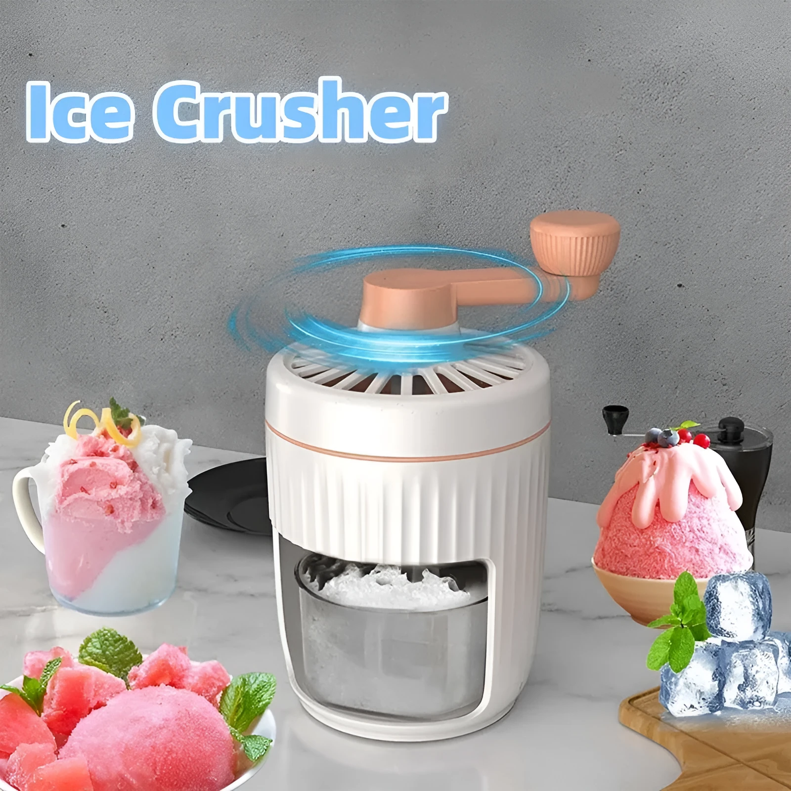 Hand-cranked ice shaving machine in green and orange, compact portable snow cone maker with ergonomic handle and removable ice box.