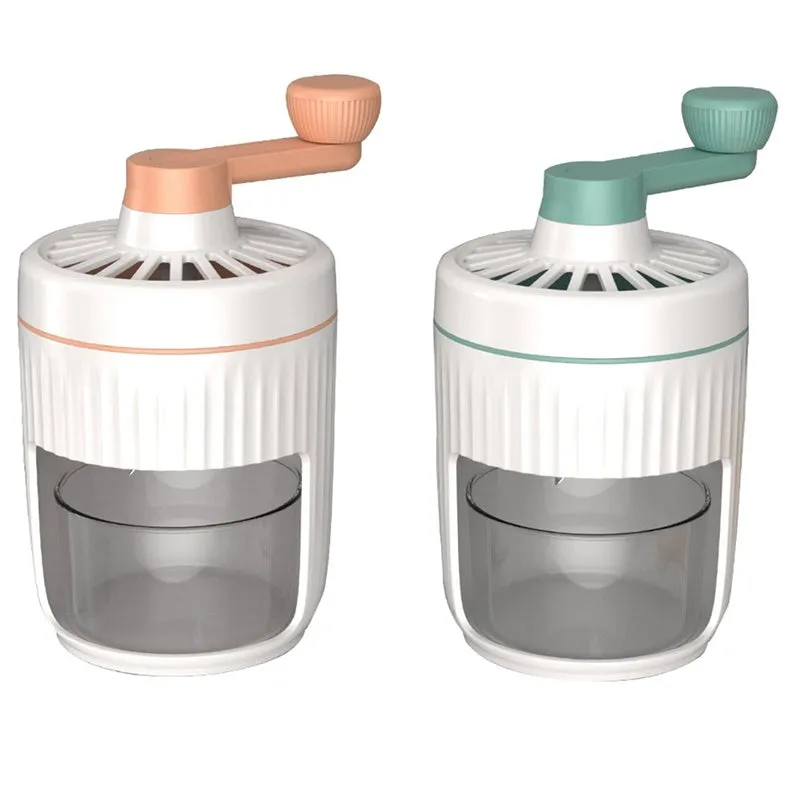 Hand-cranked ice shaving machine in green and orange, compact portable snow cone maker with ergonomic handle and removable ice box.