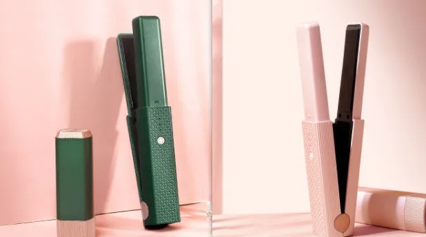 Portable USB 3-in-1 hair straightening curling comb with tourmaline ceramic in girl pink and emerald green on white background