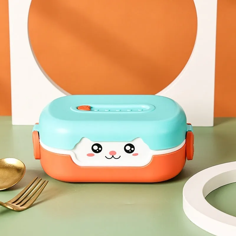 Square plastic divided lunch box in solid colours with cartoon design