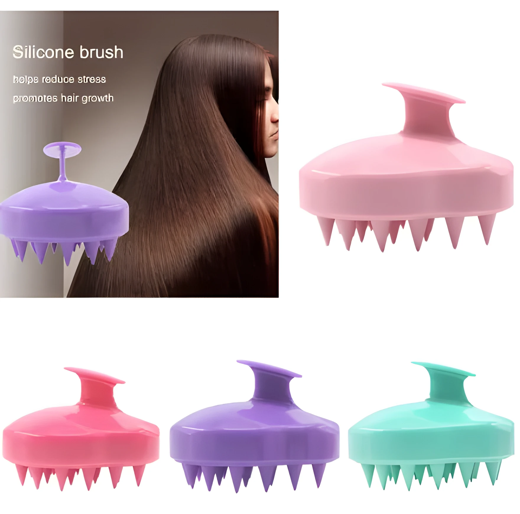 Silicone scalp massage brush with soft bristles in green colour on white background