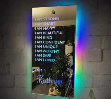Personalised acrylic name mirror light with LED glow on wall in picture colour
