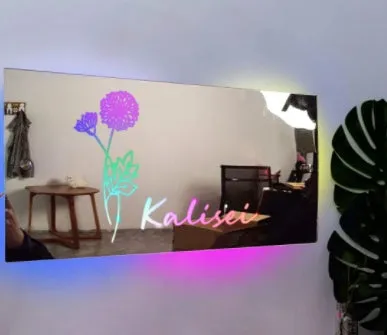 Personalised acrylic name mirror light with LED glow on wall in picture colour