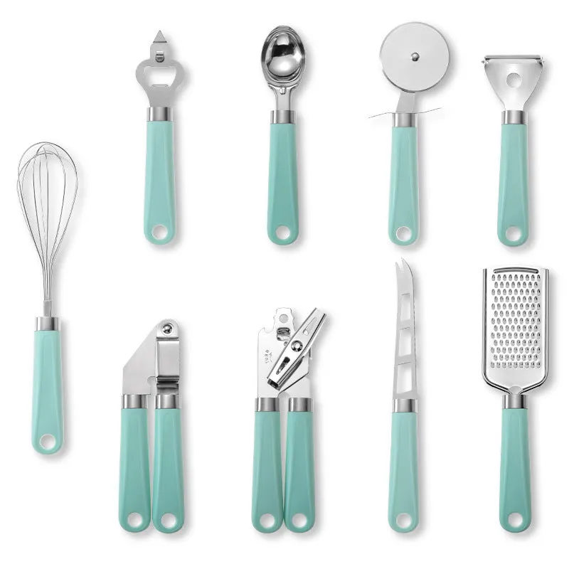 Kitchen utensil set with stainless steel heads and plastic handles including grater, whisk, and can opener