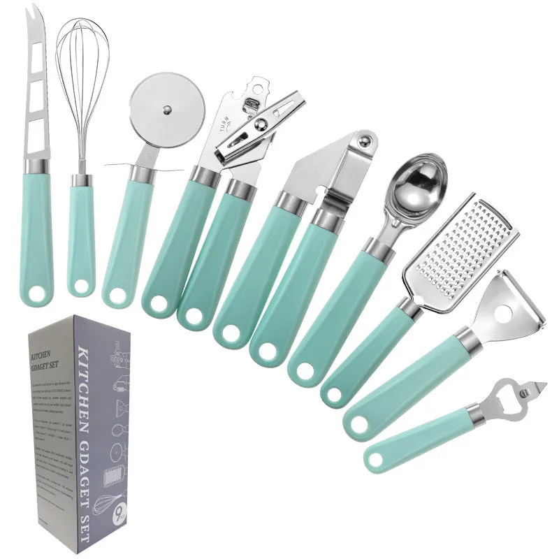 Kitchen utensil set with stainless steel heads and plastic handles including grater, whisk, and can opener