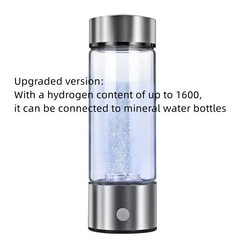 Portable hydrogen water cup with high borosilicate glass body and 304 stainless steel components, showing electrolysis bubbles.