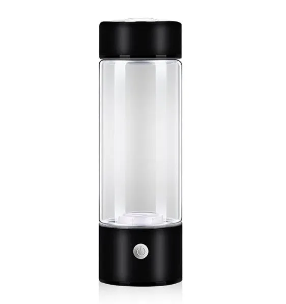 Portable hydrogen water cup with high borosilicate glass body and 304 stainless steel components, showing electrolysis bubbles.