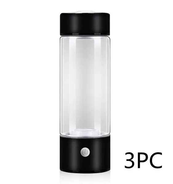 Portable hydrogen water cup with high borosilicate glass body and 304 stainless steel components, showing electrolysis bubbles.