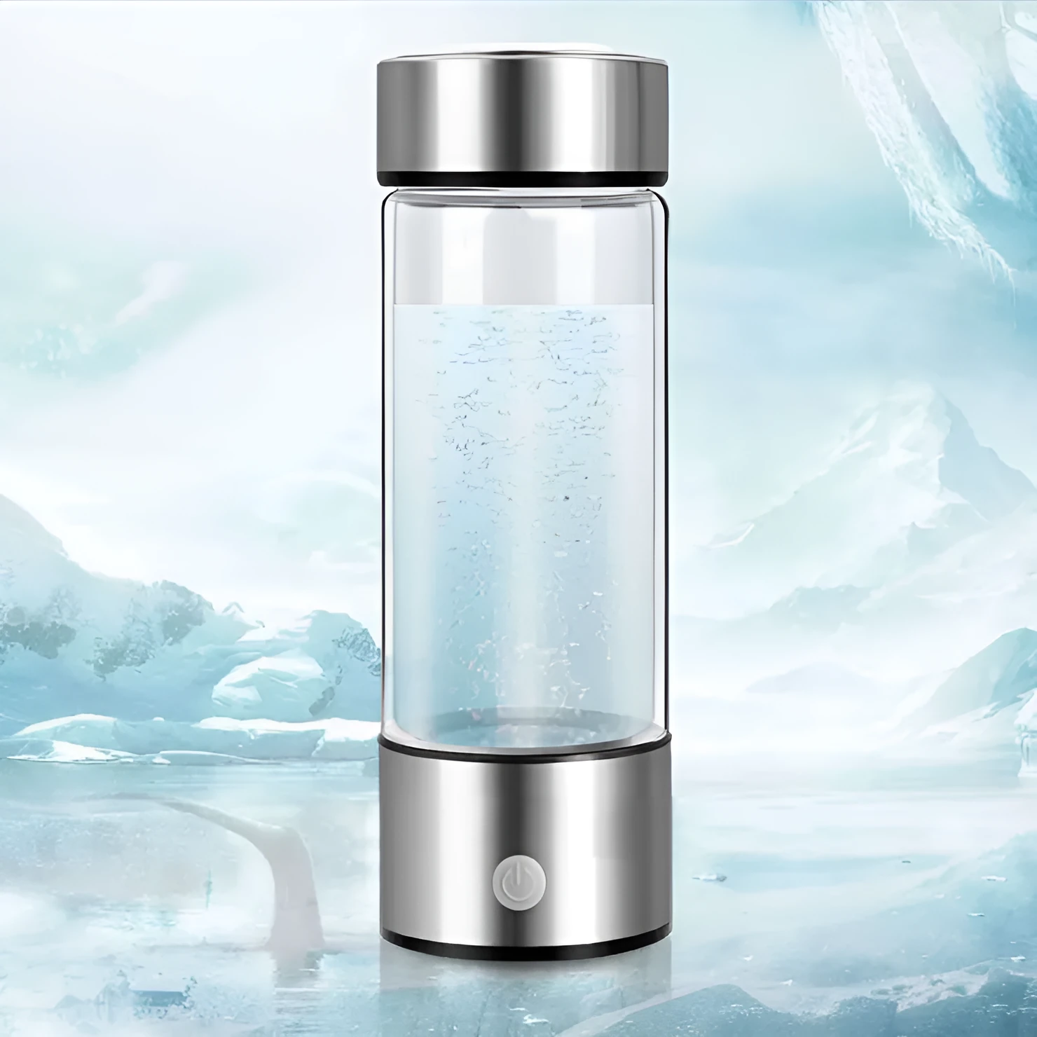 Portable hydrogen water cup with high borosilicate glass body and 304 stainless steel components, showing electrolysis bubbles.
