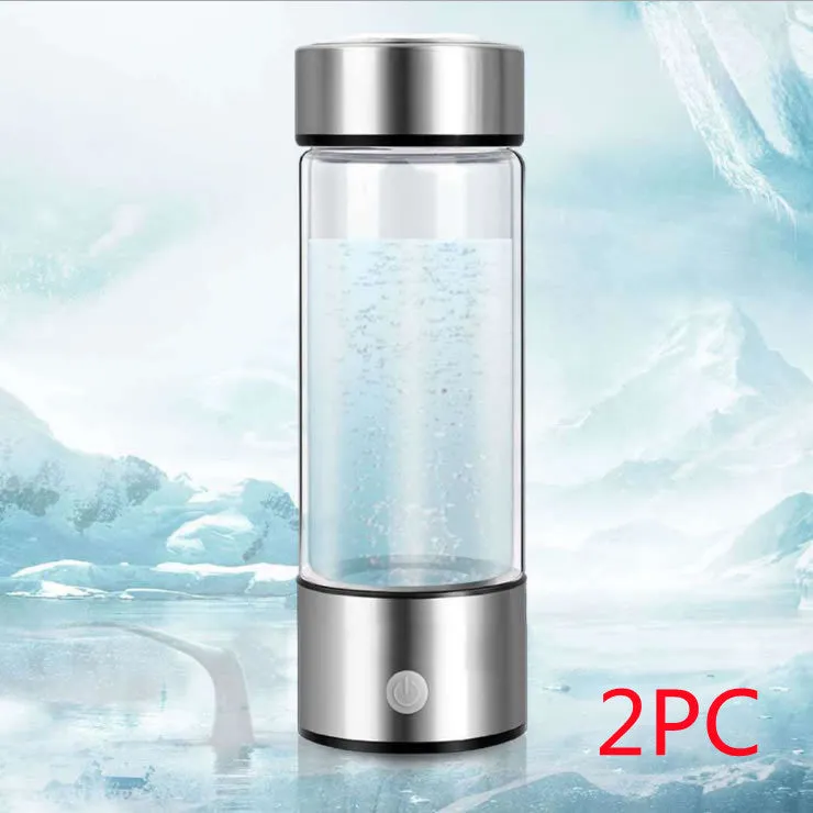 Portable hydrogen water cup with high borosilicate glass body and 304 stainless steel components, showing electrolysis bubbles.