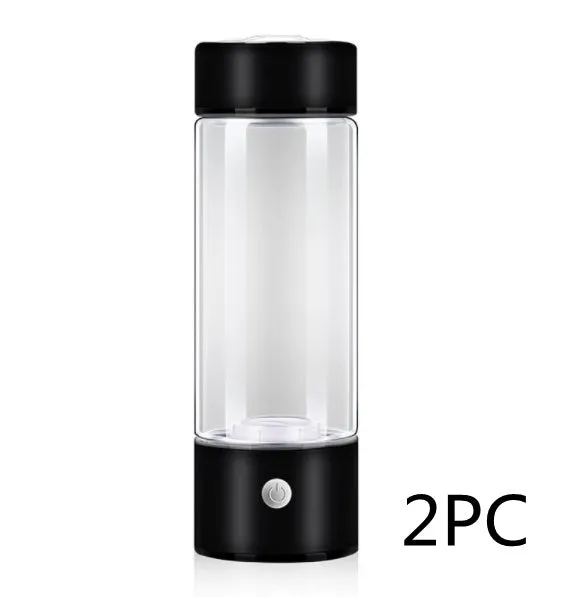 Portable hydrogen water cup with high borosilicate glass body and 304 stainless steel components, showing electrolysis bubbles.