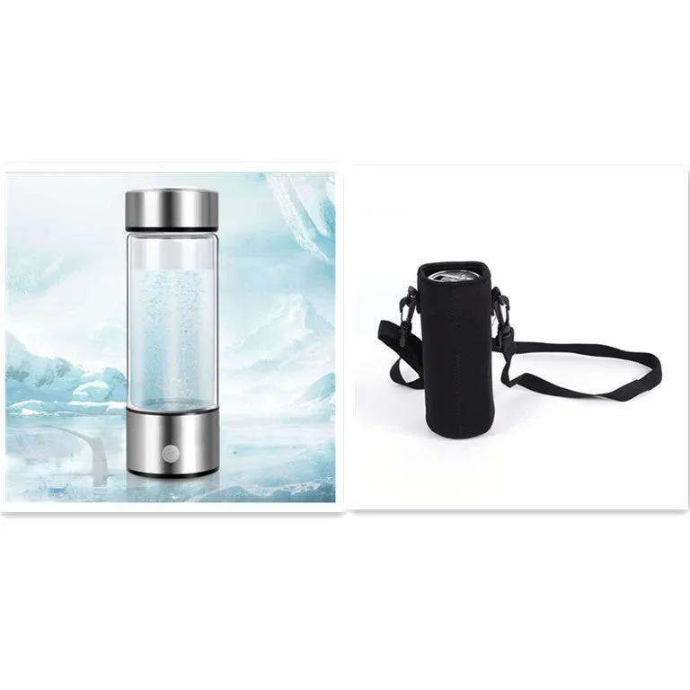 Portable hydrogen water cup with high borosilicate glass body and 304 stainless steel components, showing electrolysis bubbles.
