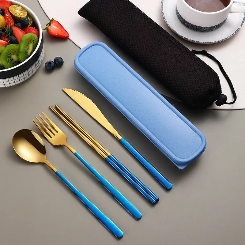 304 stainless steel portable cutlery set with knife fork spoon and gold mesh bag on table