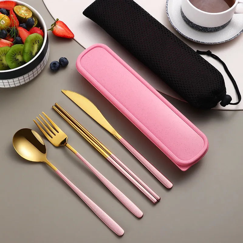 304 stainless steel portable cutlery set with knife fork spoon and gold mesh bag on table