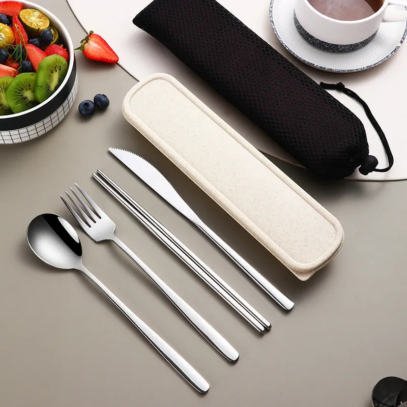 304 stainless steel portable cutlery set with knife fork spoon and gold mesh bag on table