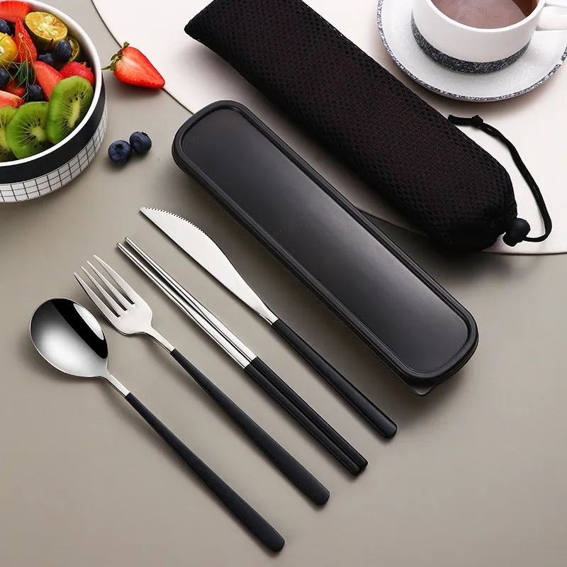 304 stainless steel portable cutlery set with knife fork spoon and gold mesh bag on table