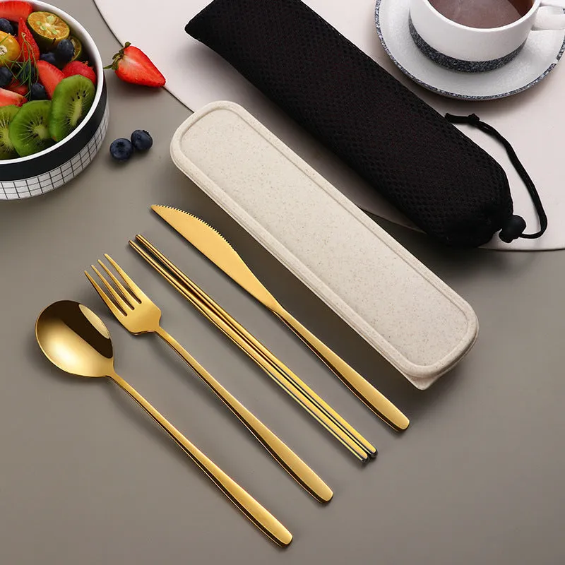 304 stainless steel portable cutlery set with knife fork spoon and gold mesh bag on table