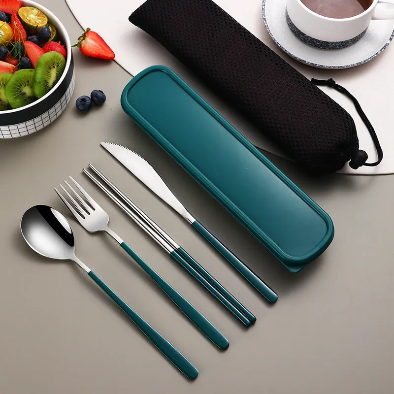 304 stainless steel portable cutlery set with knife fork spoon and gold mesh bag on table
