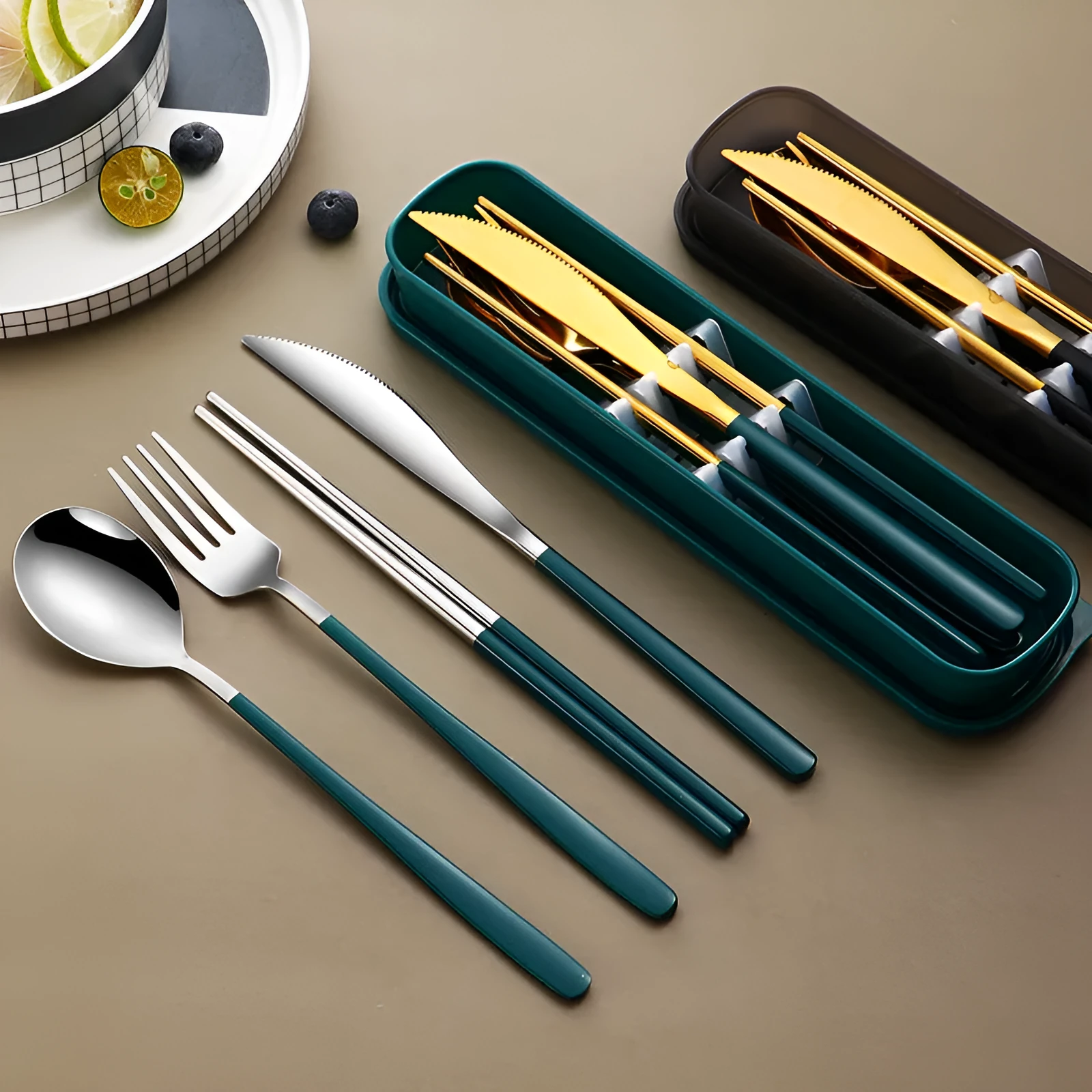 304 stainless steel portable cutlery set with knife fork spoon and gold mesh bag on table