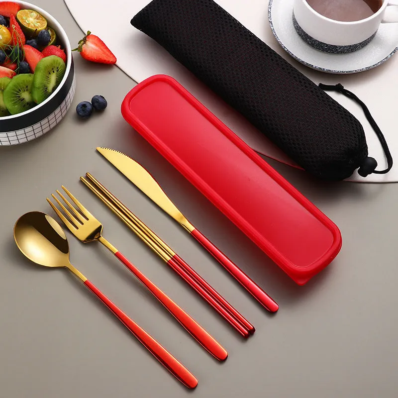 304 stainless steel portable cutlery set with knife fork spoon and gold mesh bag on table