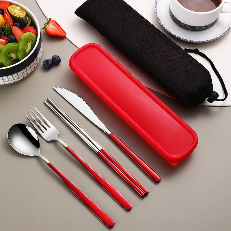 304 stainless steel portable cutlery set with knife fork spoon and gold mesh bag on table
