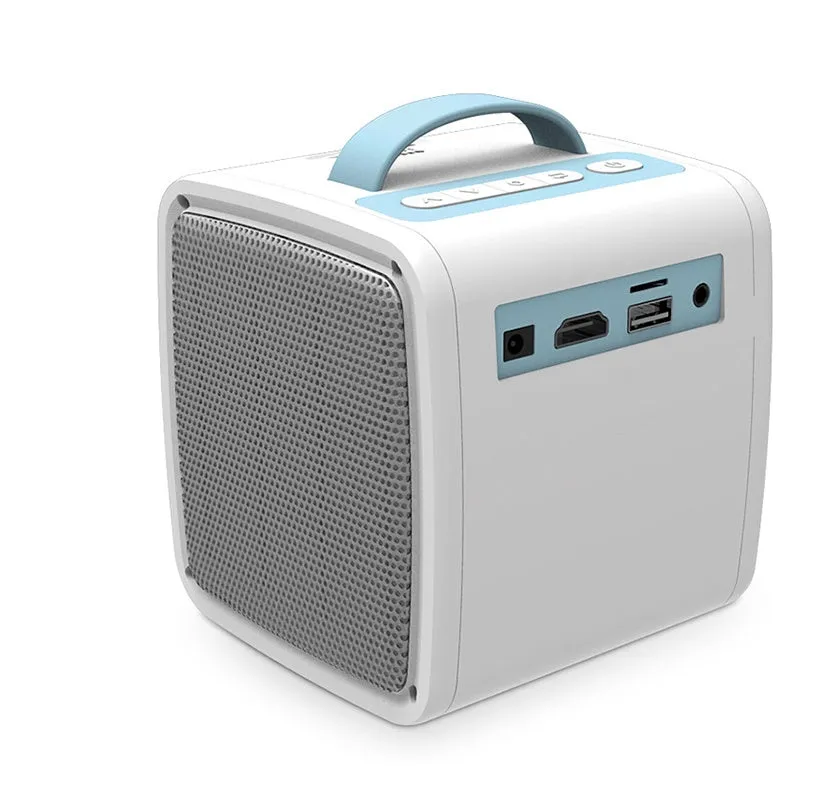Blue US mini home theater projector showing a large projected image on a wall