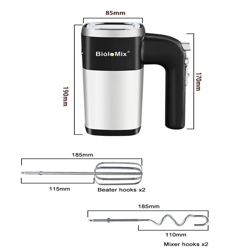White 500W 5-speed electric hand mixer with beaters and dough hooks on a kitchen counter