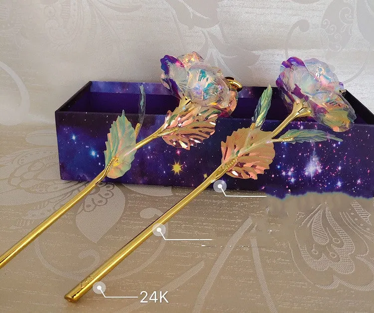 24K luminous gold rose flower set in gift box with tote bag, handmade plastic bouquet non-fade artificial roses