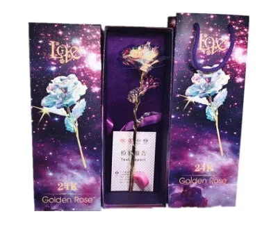 24K luminous gold rose flower set in gift box with tote bag, handmade plastic bouquet non-fade artificial roses