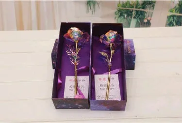 24K luminous gold rose flower set in gift box with tote bag, handmade plastic bouquet non-fade artificial roses