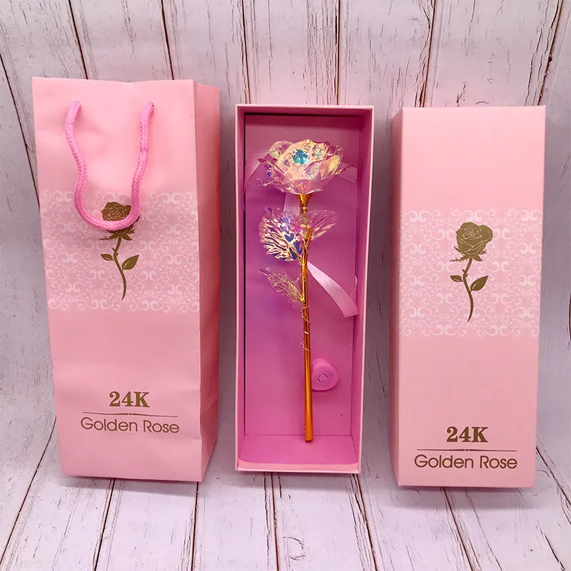 24K luminous gold rose flower set in gift box with tote bag, handmade plastic bouquet non-fade artificial roses