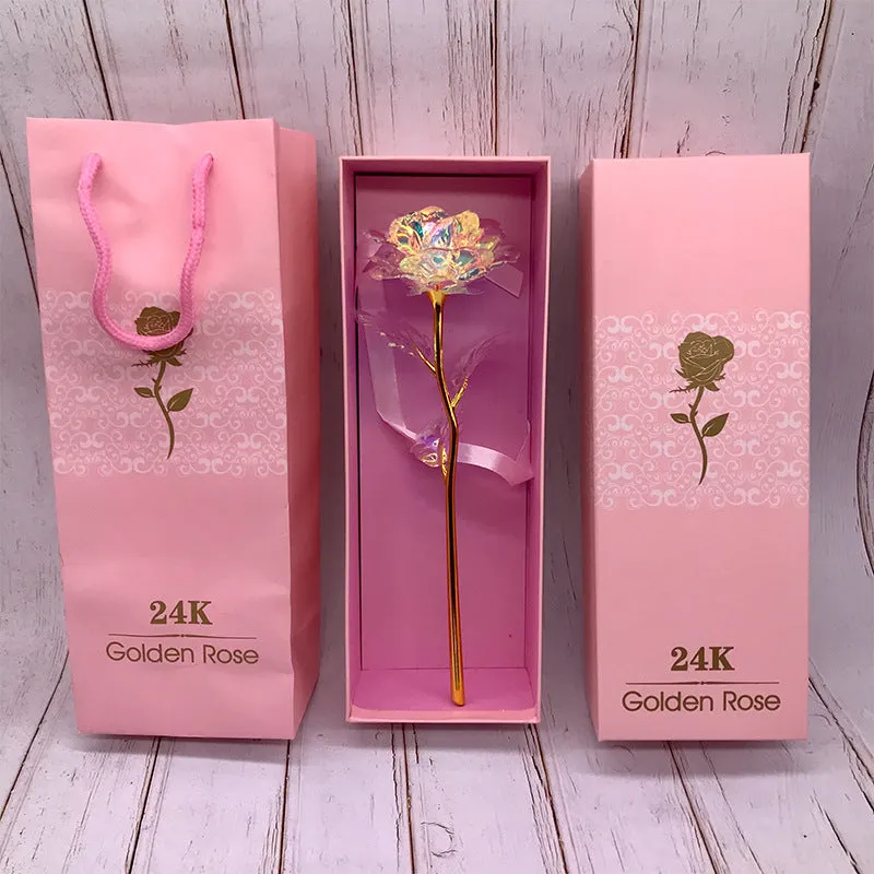 24K luminous gold rose flower set in gift box with tote bag, handmade plastic bouquet non-fade artificial roses