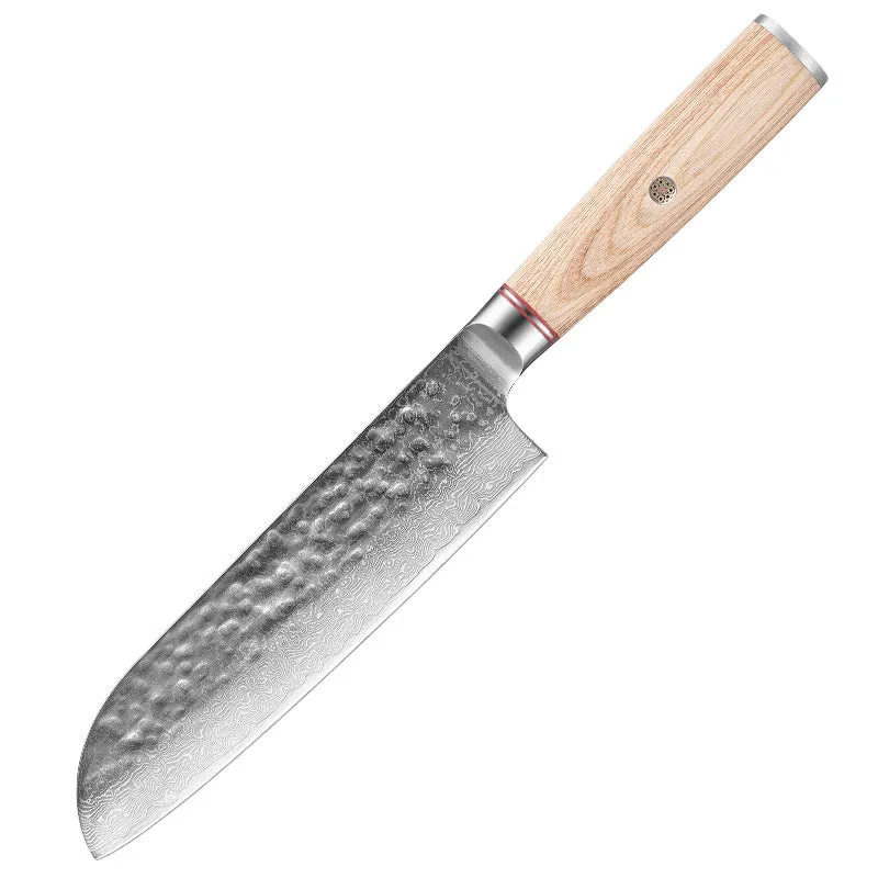 Damascus steel kitchen knife set of 7 with patterned blades and wooden handles on a dark surface